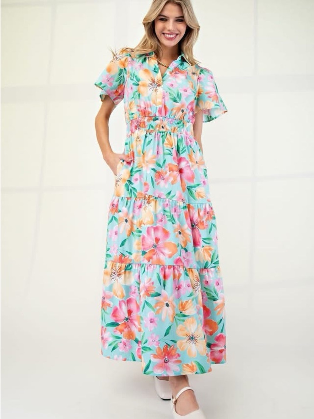 Mint Floral Tiered Maxi Dress with Pink & Orange Blooms